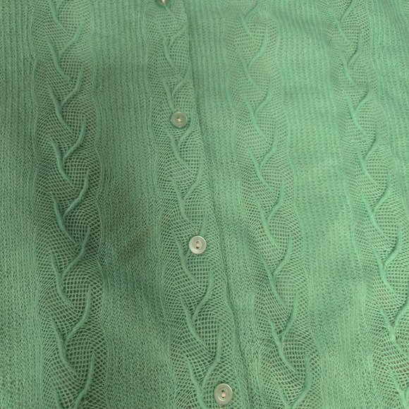 60s Vintage Pastel Green Acrylic Crewneck Crochet Cardigan Sweater Size Large - Picture 5 of 8